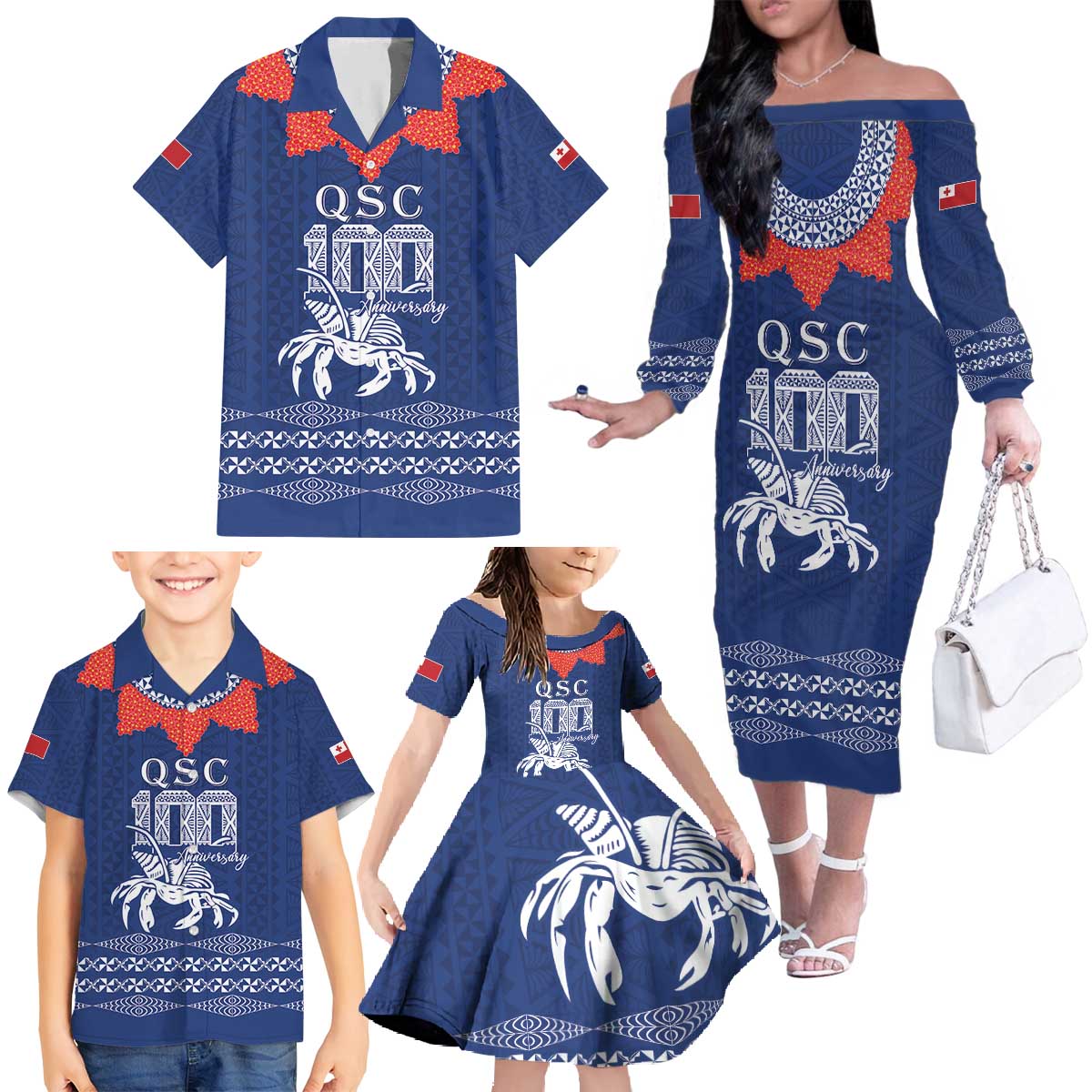 Queen Salote College 100 Years Anniversary Personalized Family Matching Off The Shoulder Long Sleeve Dress and Hawaiian Shirt Tonga QSC Royal Blue - Polynesian Pride