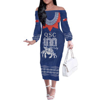 Queen Salote College 100 Years Anniversary Personalized Family Matching Off The Shoulder Long Sleeve Dress and Hawaiian Shirt Tonga QSC Royal Blue - Polynesian Pride