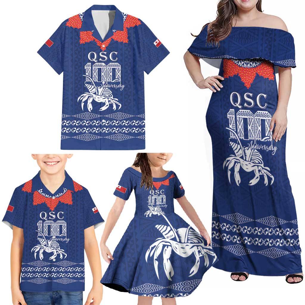 Queen Salote College 100 Years Anniversary Personalized Family Matching Off Shoulder Maxi Dress and Hawaiian Shirt Tonga QSC Royal Blue - Polynesian Pride