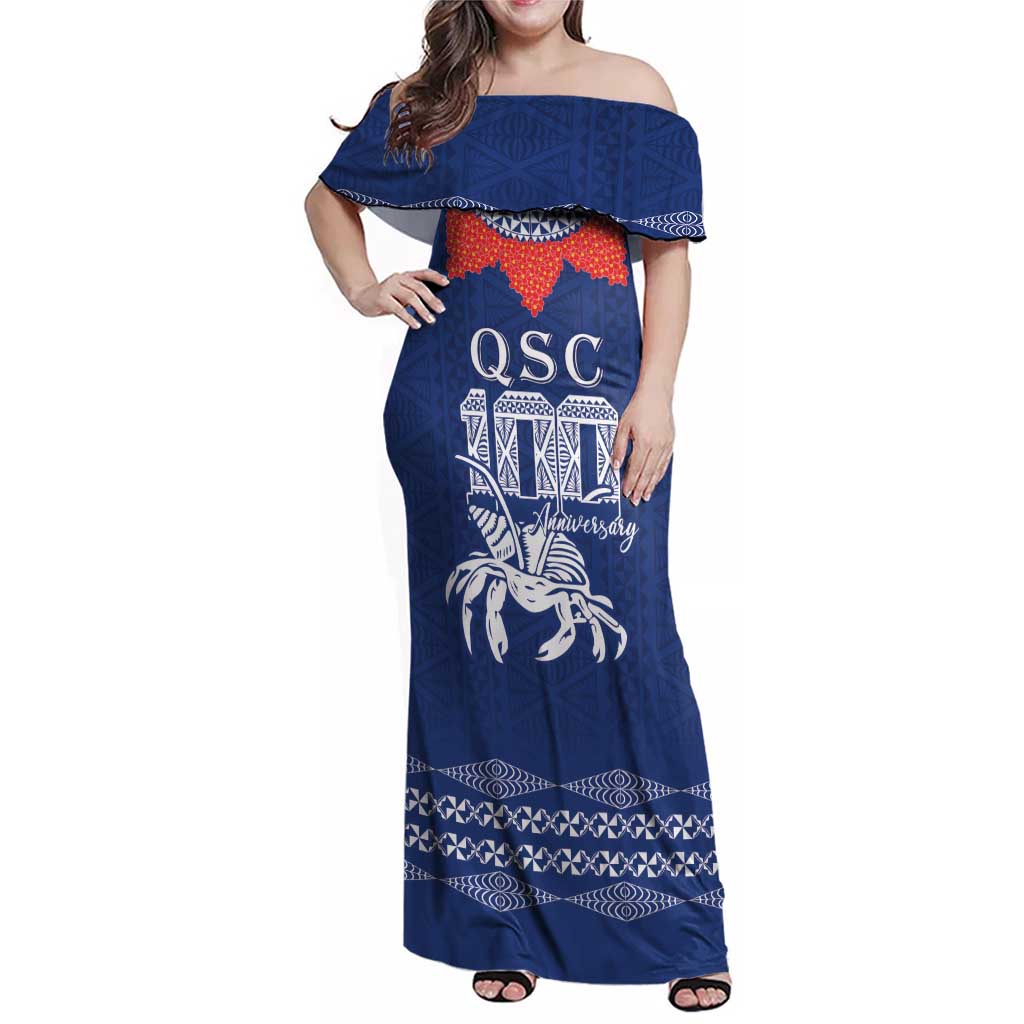 Queen Salote College 100 Years Anniversary Personalized Family Matching Off Shoulder Maxi Dress and Hawaiian Shirt Tonga QSC Royal Blue - Polynesian Pride