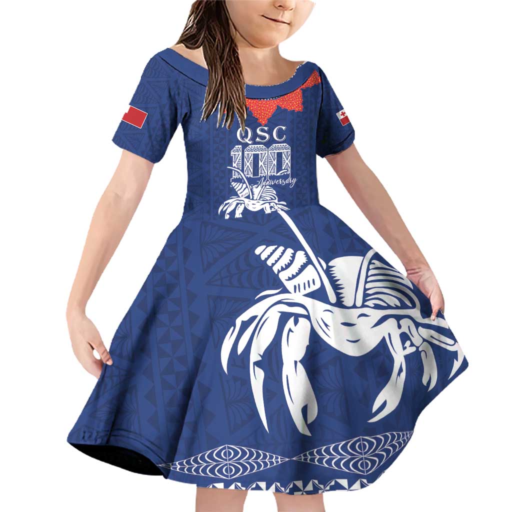 Queen Salote College 100 Years Anniversary Personalized Family Matching Off Shoulder Short Dress and Hawaiian Shirt Tonga QSC Royal Blue - Polynesian Pride