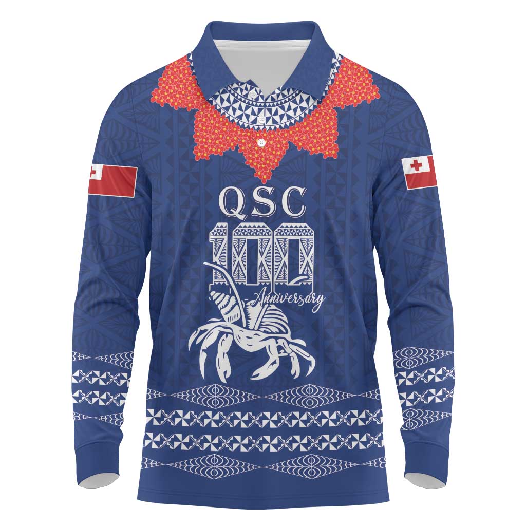 Queen Salote College 100 Years Anniversary Personalized Long Sleeve Polo Shirt Tonga QSC Royal Blue - Polynesian Pride