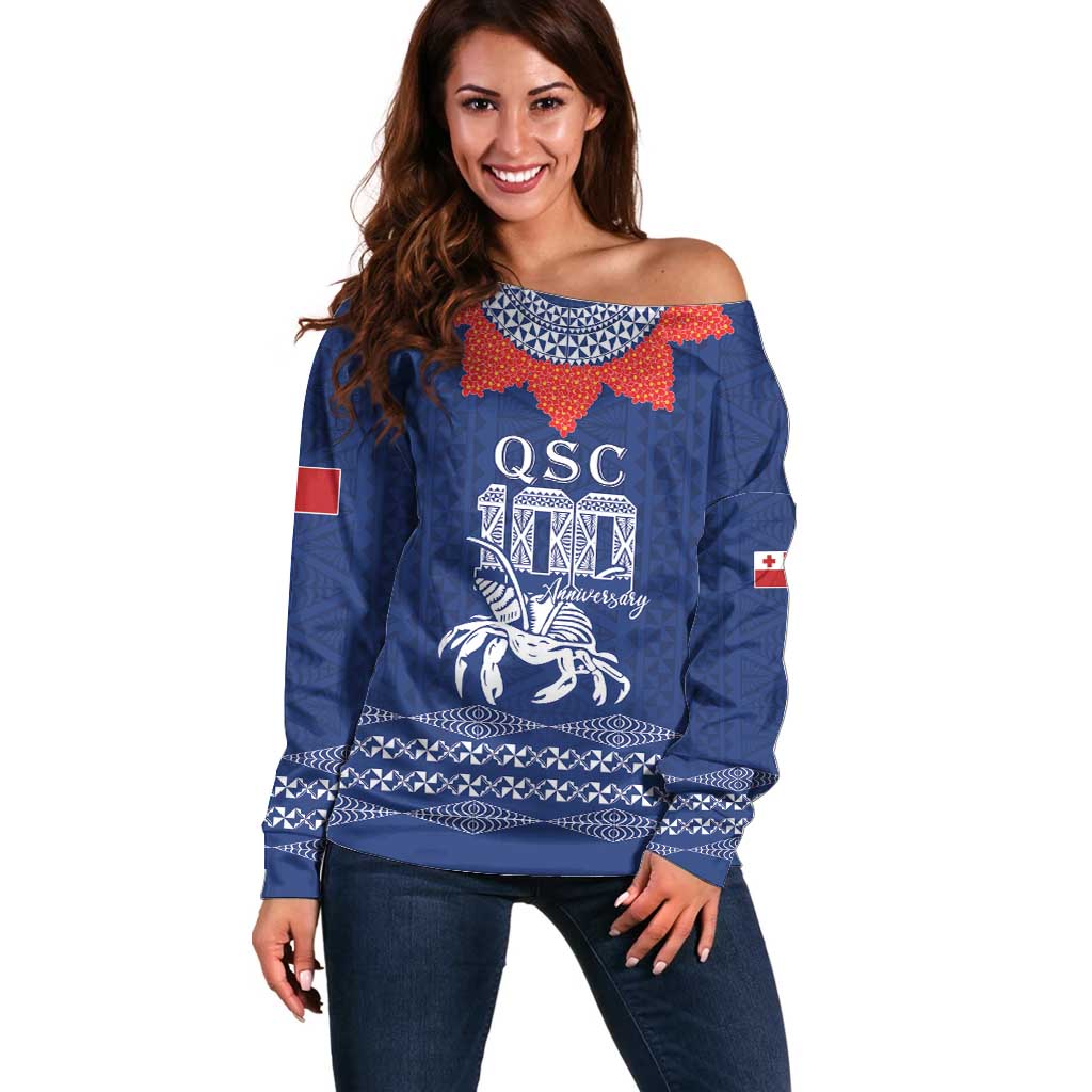 Queen Salote College 100 Years Anniversary Personalized Off Shoulder Sweater Tonga QSC Royal Blue - Polynesian Pride