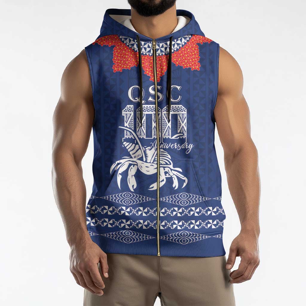 Queen Salote College 100 Years Anniversary Personalized Sleeveless Zip Hoodie Tonga QSC Royal Blue - Polynesian Pride