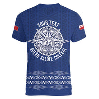 Queen Salote College 100 Years Anniversary Personalized Women V-Neck T-Shirt Tonga QSC Royal Blue - Polynesian Pride