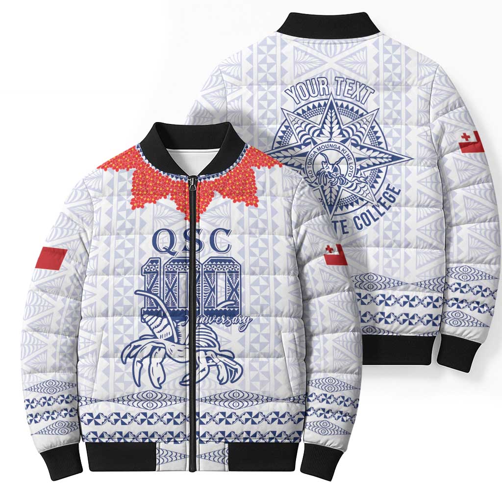Queen Salote College 100 Years Anniversary Personalized Bomber Puffer Jacket Tonga QSC White - Polynesian Pride