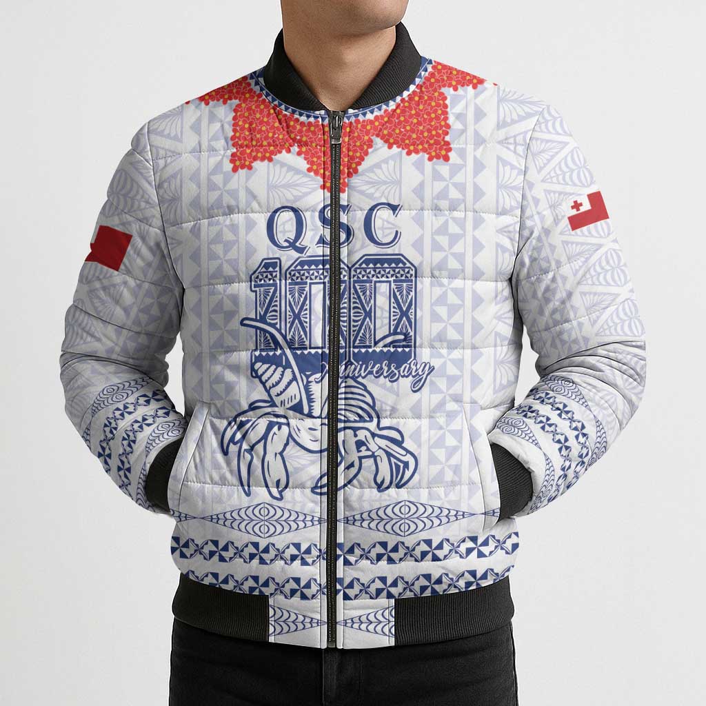 Queen Salote College 100 Years Anniversary Personalized Bomber Puffer Jacket Tonga QSC White - Polynesian Pride