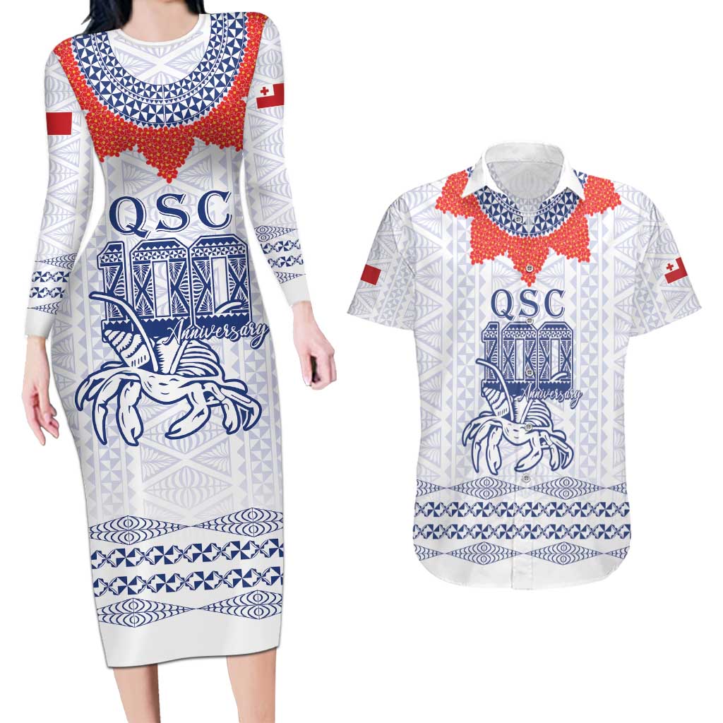 Queen Salote College 100 Years Anniversary Personalized Couples Matching Long Sleeve Bodycon Dress and Hawaiian Shirt Tonga QSC White - Polynesian Pride