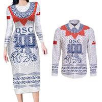 Queen Salote College 100 Years Anniversary Personalized Couples Matching Long Sleeve Bodycon Dress and Long Sleeve Button Shirt Tonga QSC White - Polynesian Pride