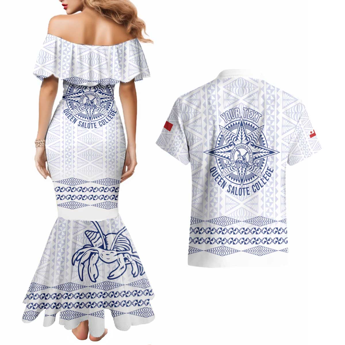 Queen Salote College 100 Years Anniversary Personalized Couples Matching Mermaid Dress and Hawaiian Shirt Tonga QSC White - Polynesian Pride