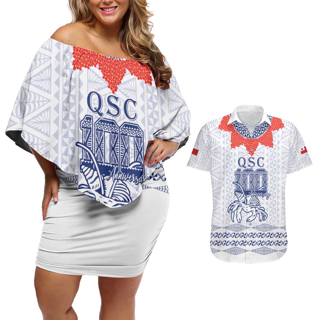 Queen Salote College 100 Years Anniversary Personalized Couples Matching Off Shoulder Short Dress and Hawaiian Shirt Tonga QSC White - Polynesian Pride
