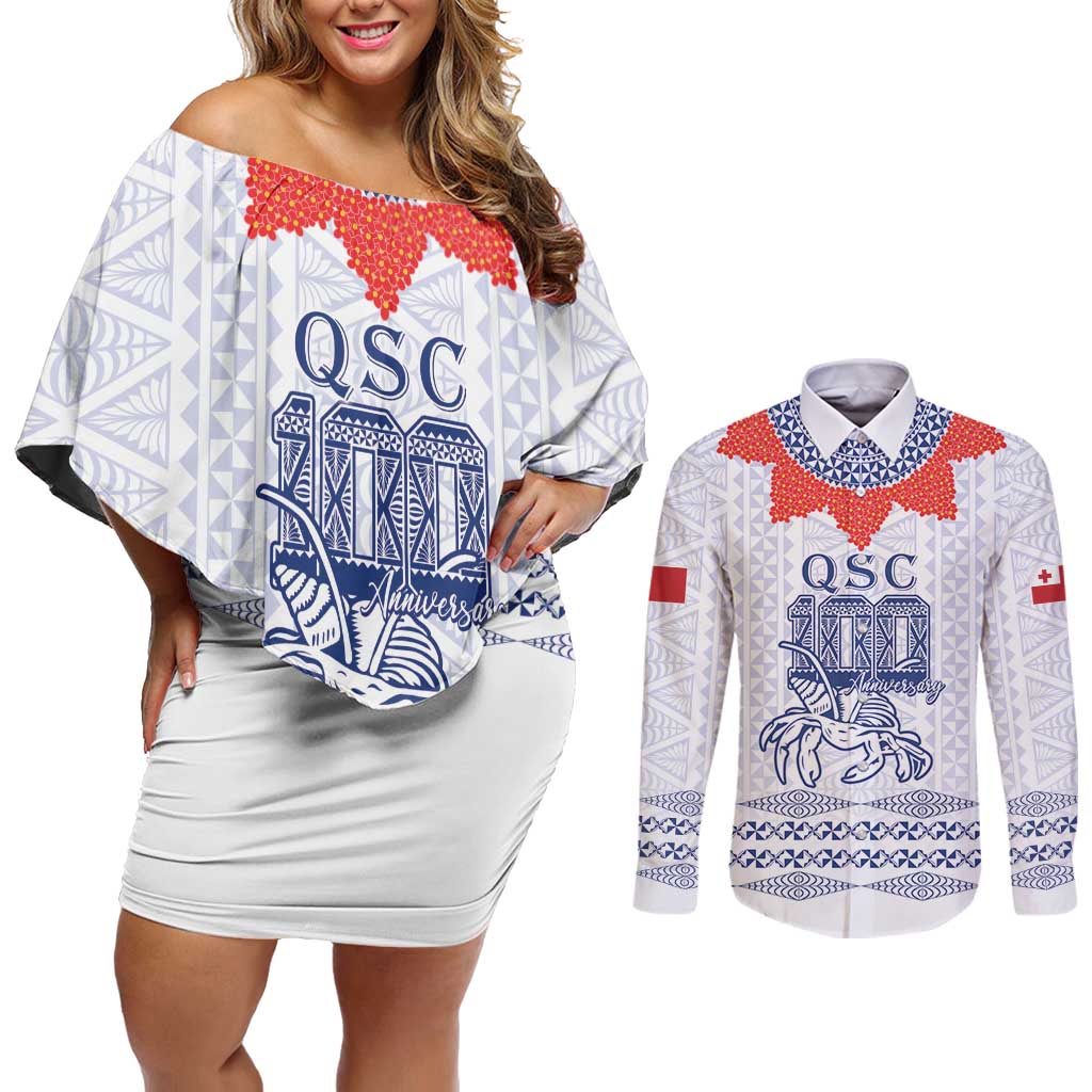 Queen Salote College 100 Years Anniversary Personalized Couples Matching Off Shoulder Short Dress and Long Sleeve Button Shirt Tonga QSC White - Polynesian Pride
