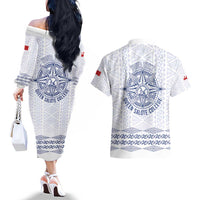 Queen Salote College 100 Years Anniversary Personalized Couples Matching Off The Shoulder Long Sleeve Dress and Hawaiian Shirt Tonga QSC White - Polynesian Pride