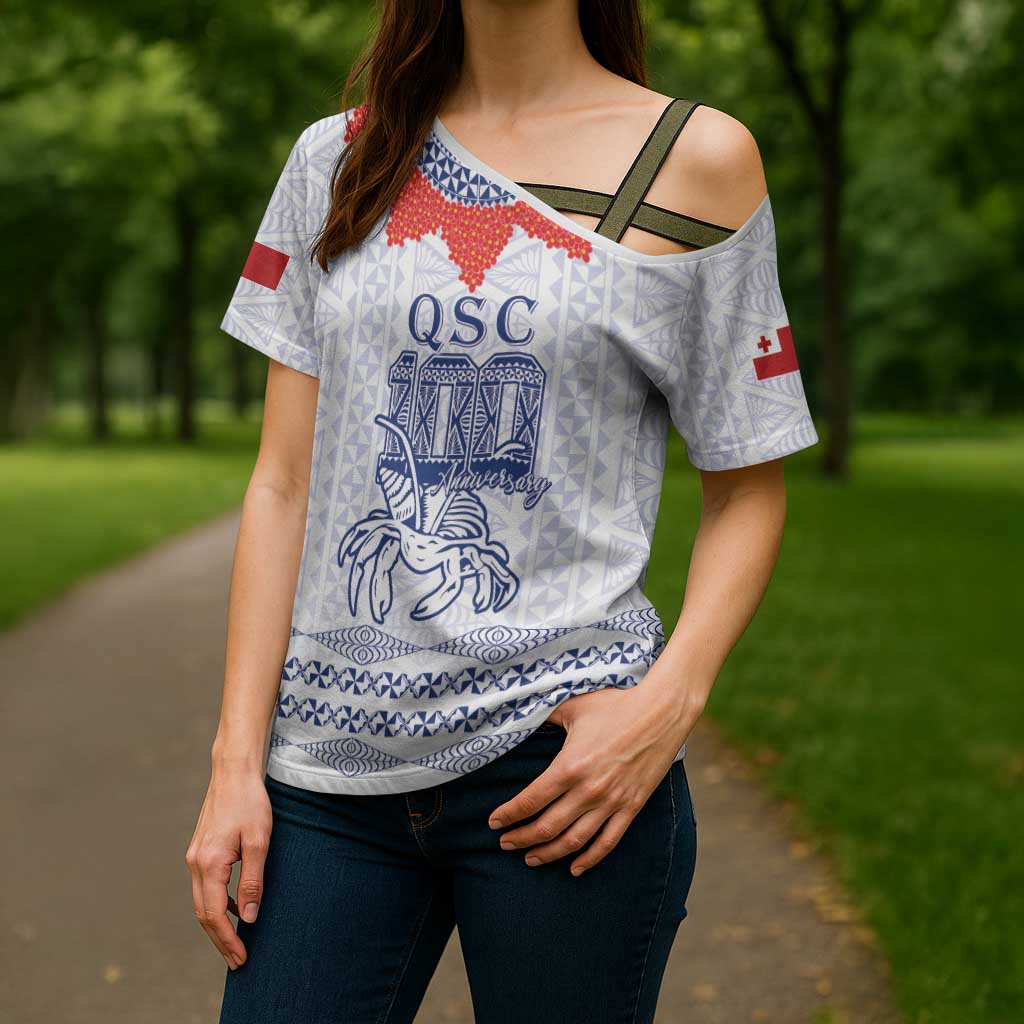 Queen Salote College 100 Years Anniversary Personalized Cross Shoulder Shirt Tonga QSC White - Polynesian Pride
