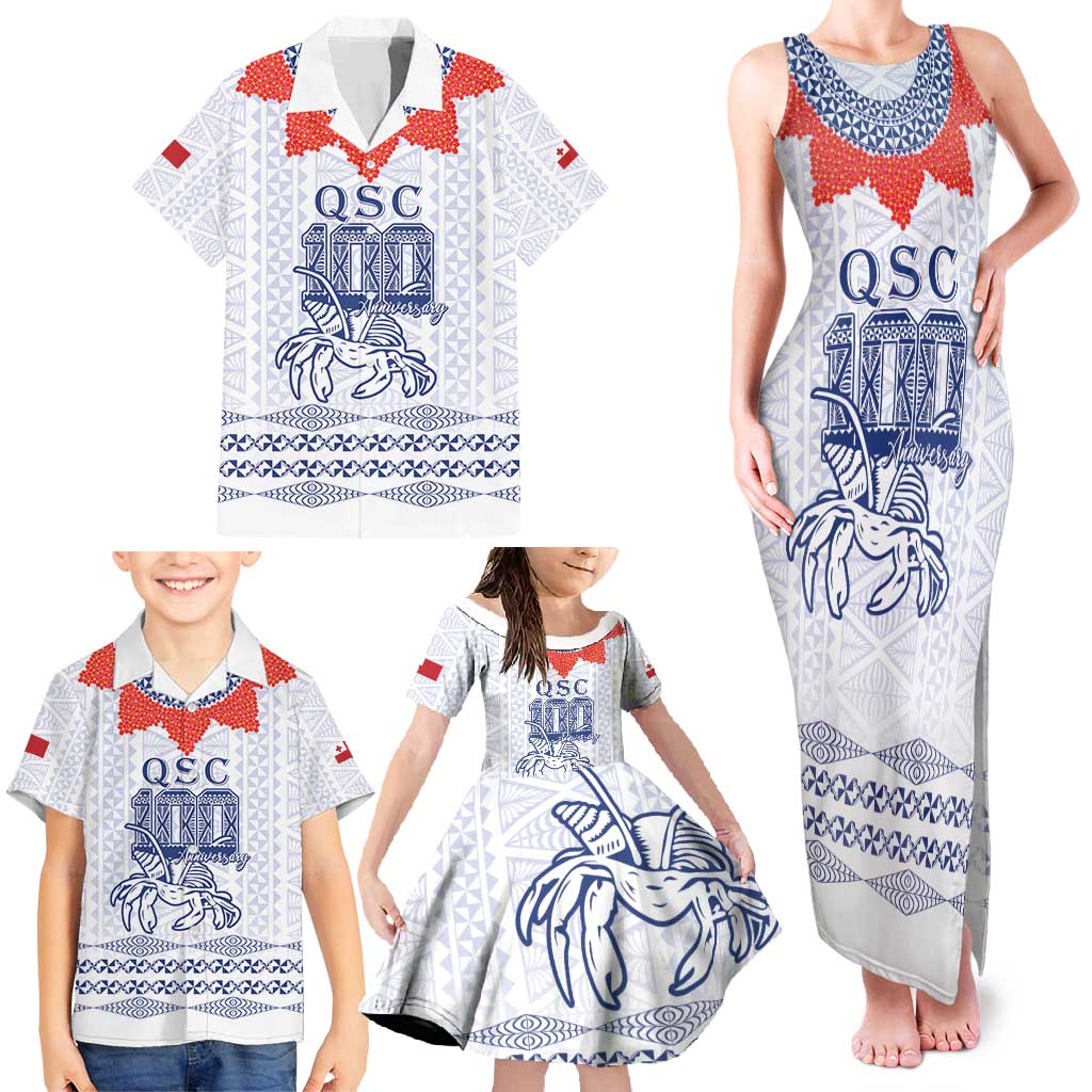 Queen Salote College 100 Years Anniversary Personalized Family Matching Tank Maxi Dress and Hawaiian Shirt Tonga QSC White - Polynesian Pride