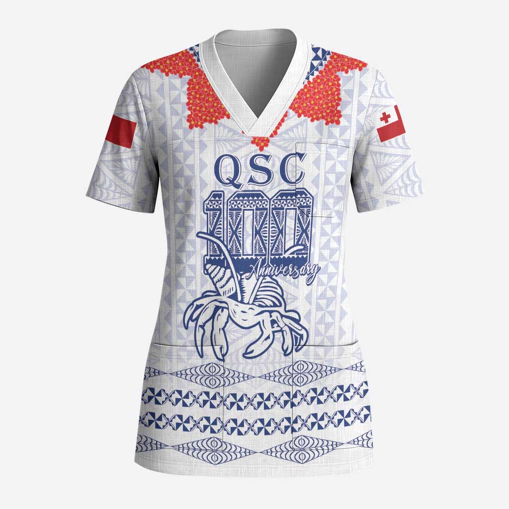 Queen Salote College 100 Years Anniversary Personalized Scrub Top Tonga QSC White - Polynesian Pride