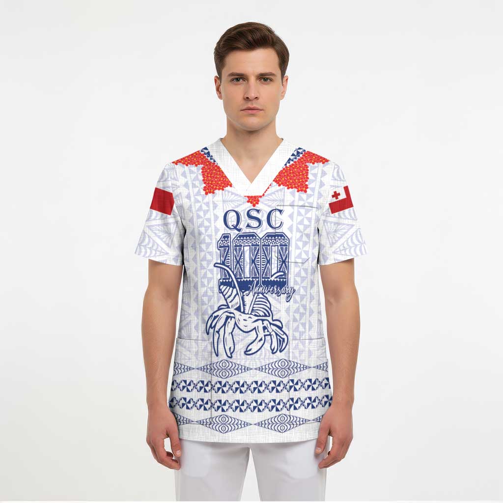 Queen Salote College 100 Years Anniversary Personalized Scrub Top Tonga QSC White - Polynesian Pride