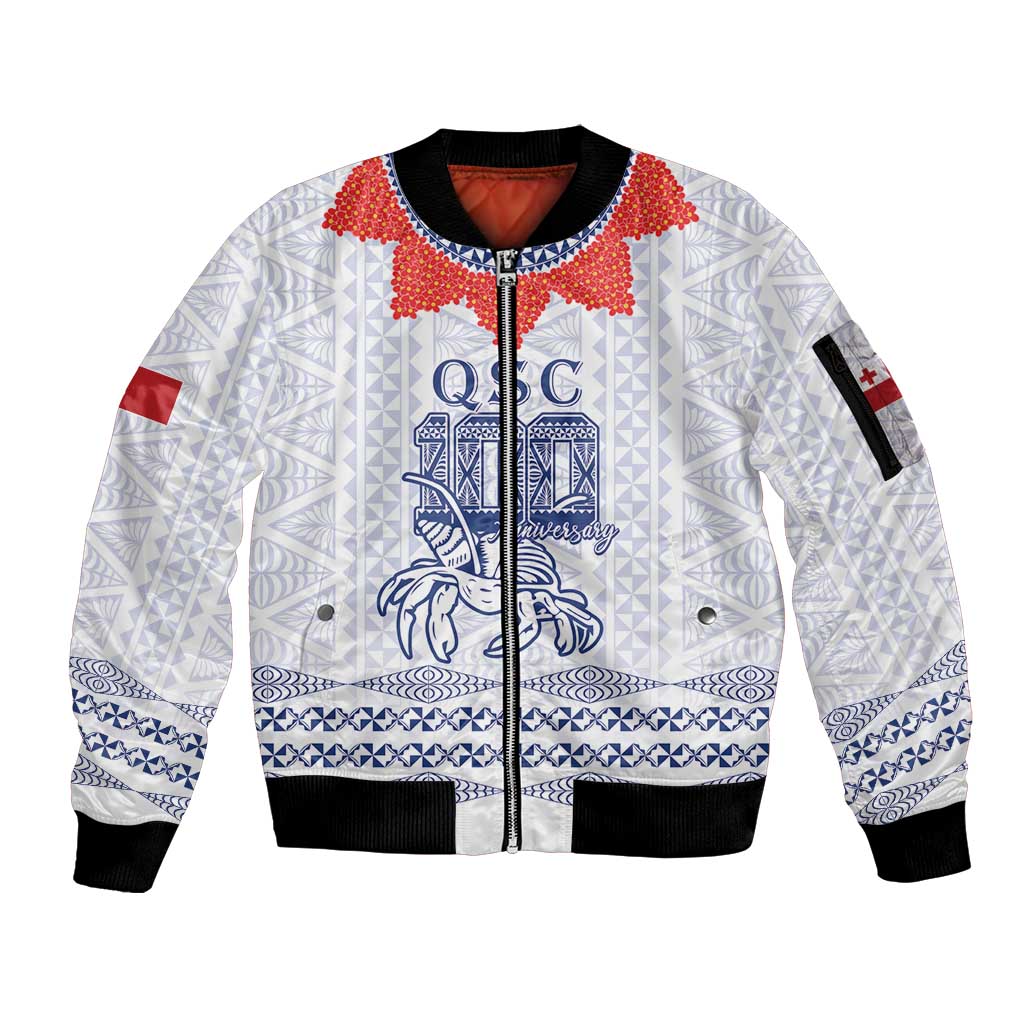 Queen Salote College 100 Years Anniversary Personalized Sleeve Zip Bomber Jacket Tonga QSC White - Polynesian Pride