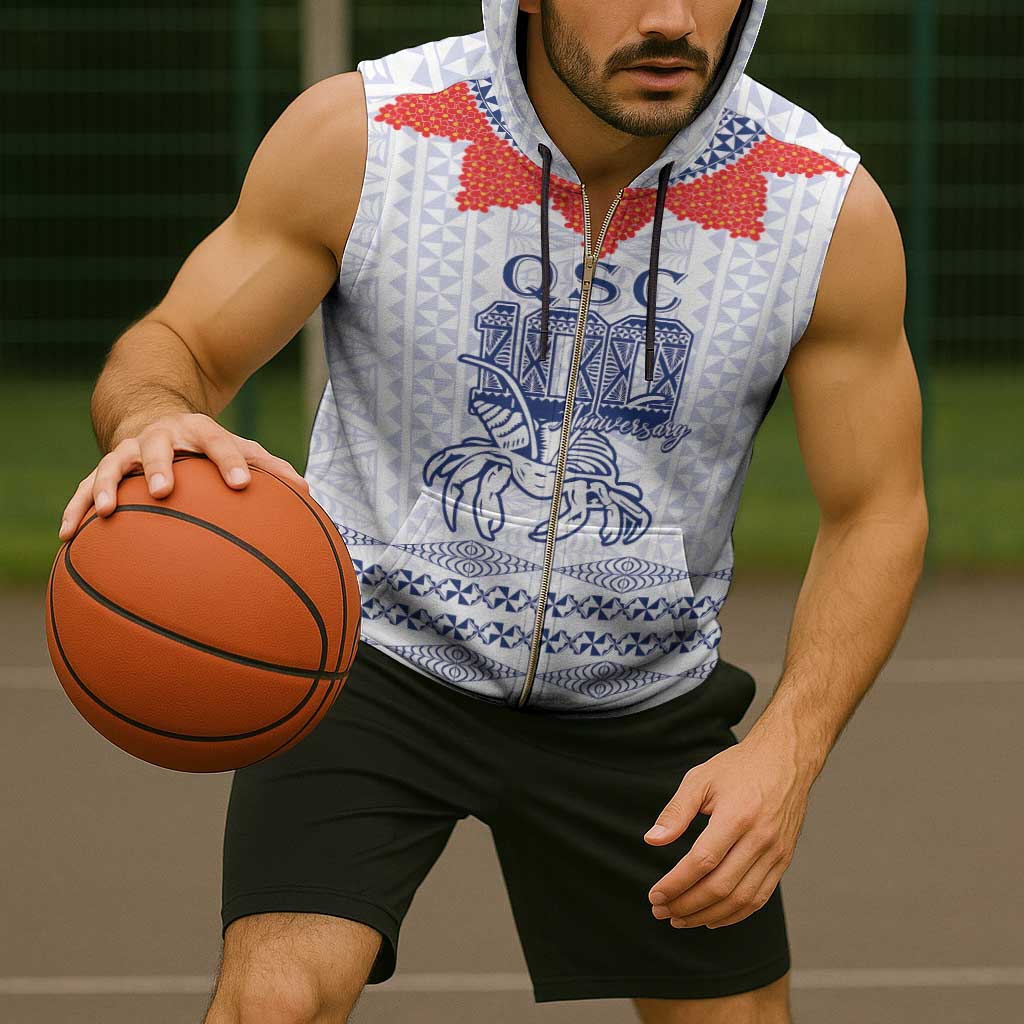 Queen Salote College 100 Years Anniversary Personalized Sleeveless Zip Hoodie Tonga QSC White - Polynesian Pride