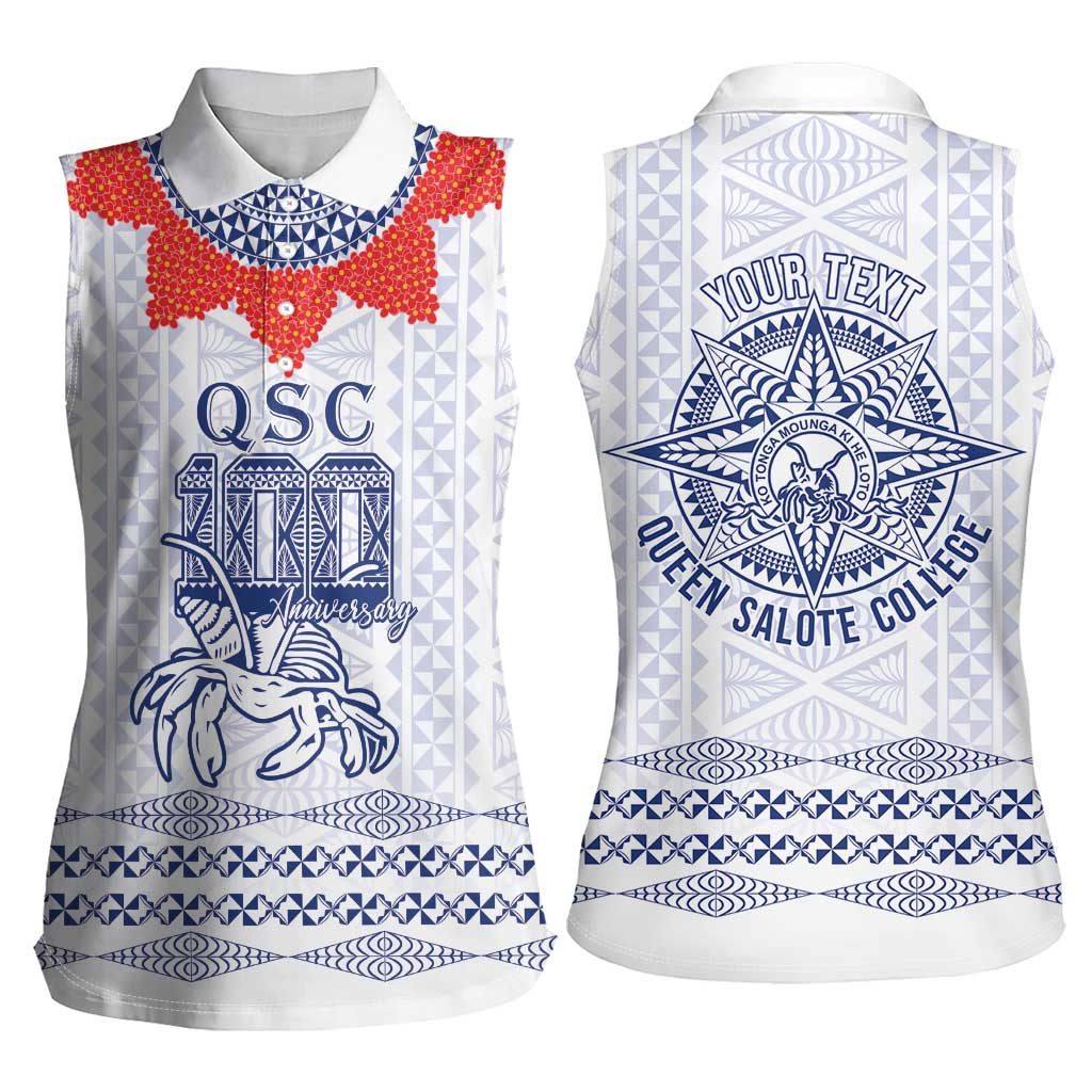 Queen Salote College 100 Years Anniversary Personalized Women Sleeveless Polo Shirt Tonga QSC White - Polynesian Pride