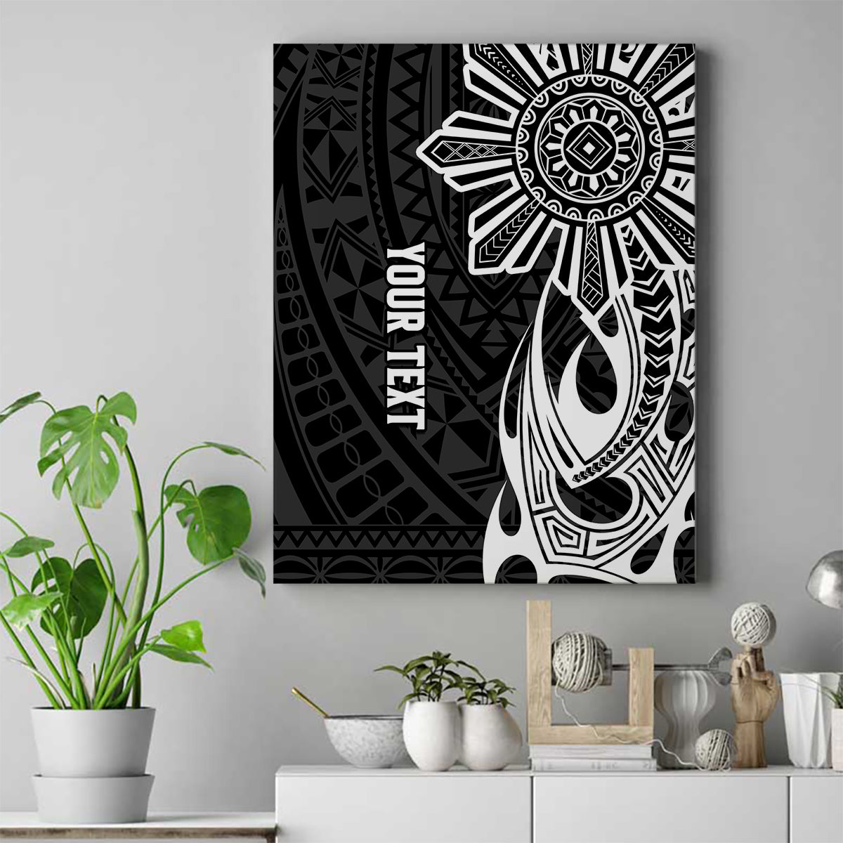 Personalised Philippines Canvas Wall Art Tribal Sun LT7 Black - Polynesian Pride