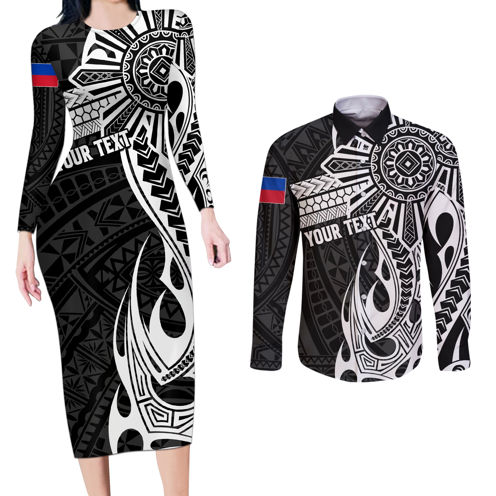 Personalised Philippines Couples Matching Long Sleeve Bodycon Dress and Long Sleeve Button Shirt Tribal Sun LT7 Black - Polynesian Pride
