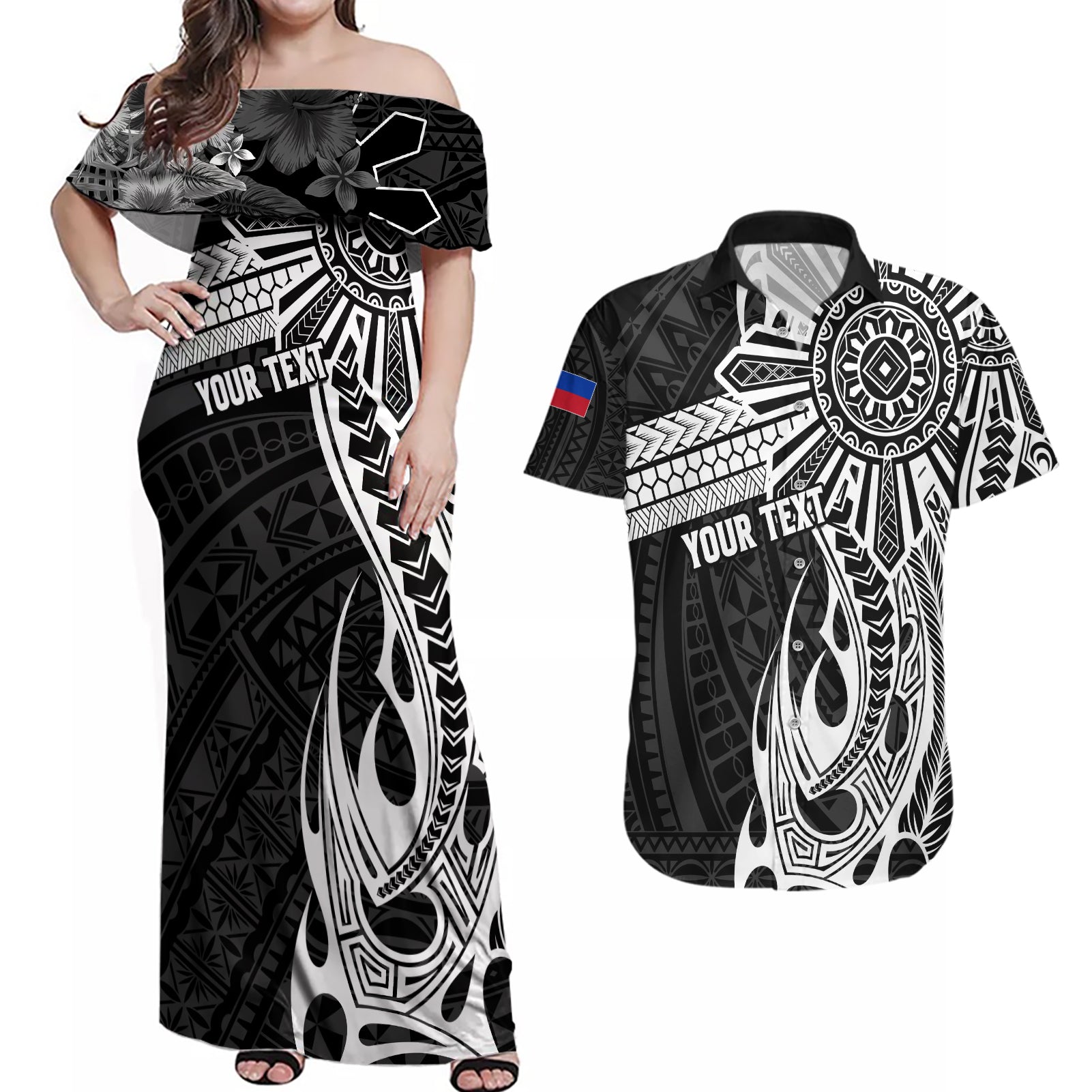 Personalised Philippines Couples Matching Off Shoulder Maxi Dress and Hawaiian Shirt Tribal Sun LT7 Black - Polynesian Pride