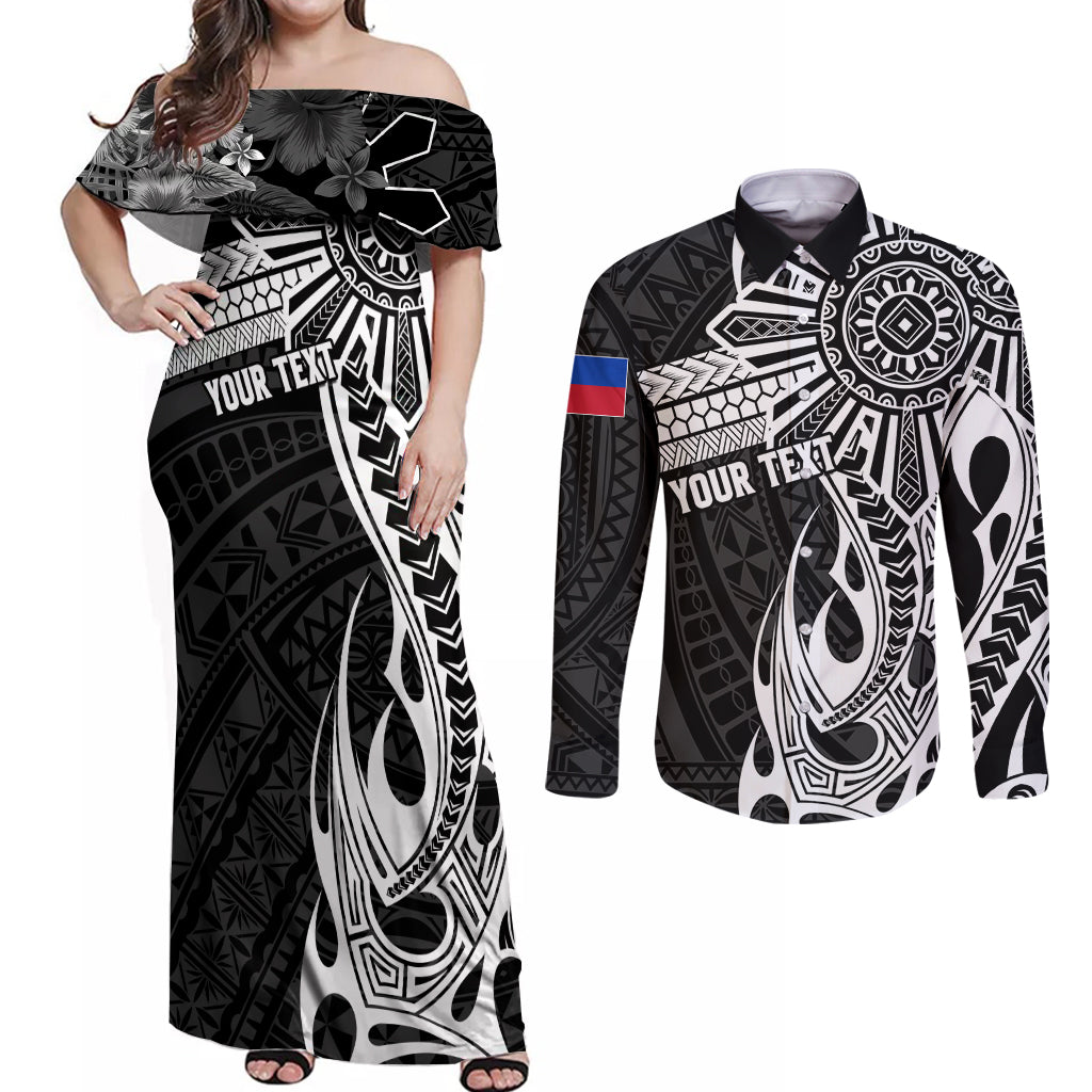 Personalised Philippines Couples Matching Off Shoulder Maxi Dress and Long Sleeve Button Shirt Tribal Sun LT7 Black - Polynesian Pride