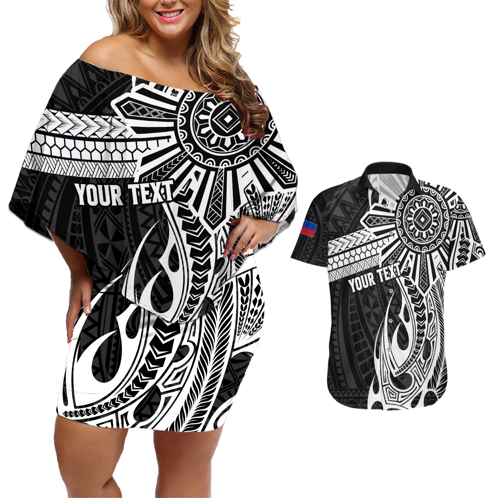 Personalised Philippines Couples Matching Off Shoulder Short Dress and Hawaiian Shirt Tribal Sun LT7 Black - Polynesian Pride