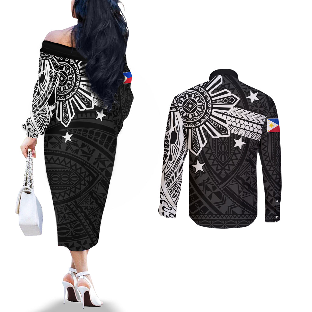 Personalised Philippines Couples Matching Off The Shoulder Long Sleeve Dress and Long Sleeve Button Shirt Tribal Sun LT7 - Polynesian Pride