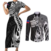Personalised Philippines Couples Matching Short Sleeve Bodycon Dress and Long Sleeve Button Shirt Tribal Sun LT7 Black - Polynesian Pride