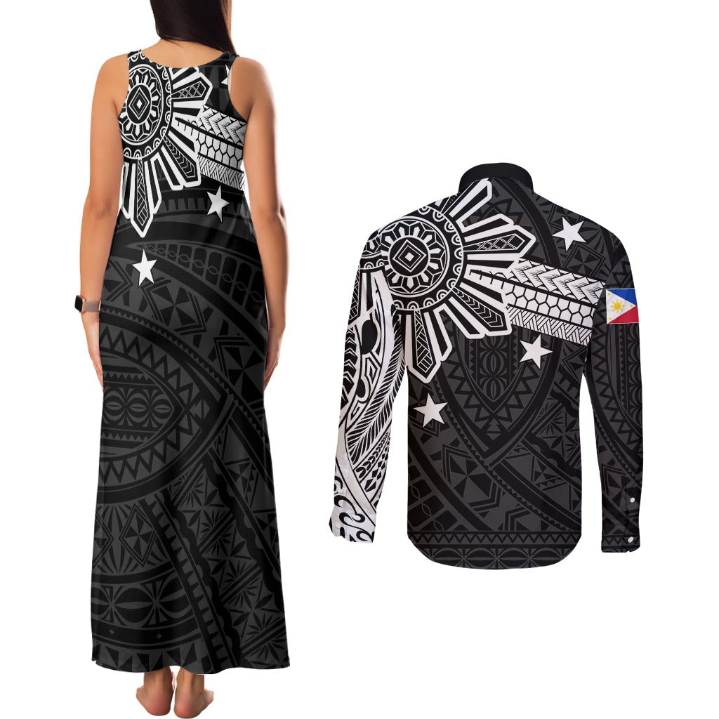 Personalised Philippines Couples Matching Tank Maxi Dress and Long Sleeve Button Shirt Tribal Sun LT7 - Polynesian Pride