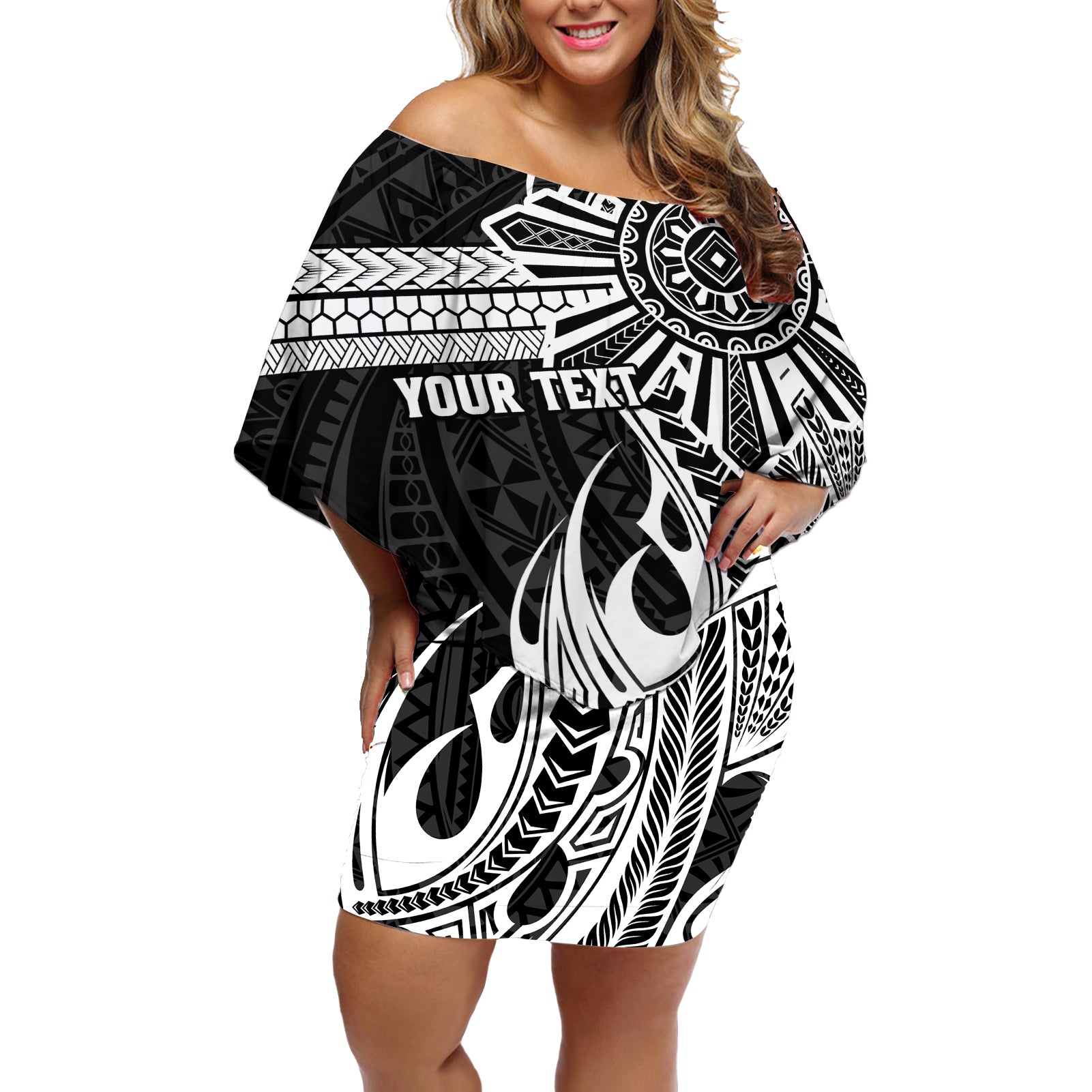 Personalised Philippines Off Shoulder Short Dress Tribal Sun LT7 Women Black - Polynesian Pride