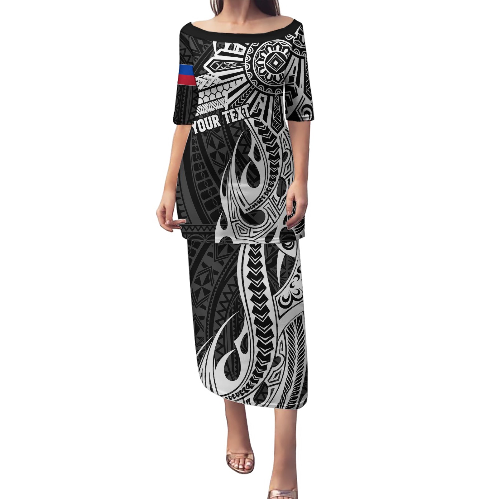 Personalised Philippines Puletasi Tribal Sun LT7 Long Dress Black - Polynesian Pride