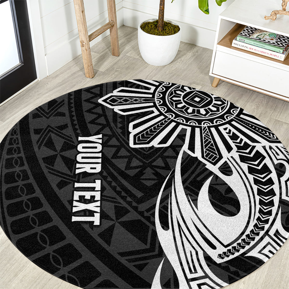 Personalised Philippines Round Carpet Tribal Sun LT7 Black - Polynesian Pride