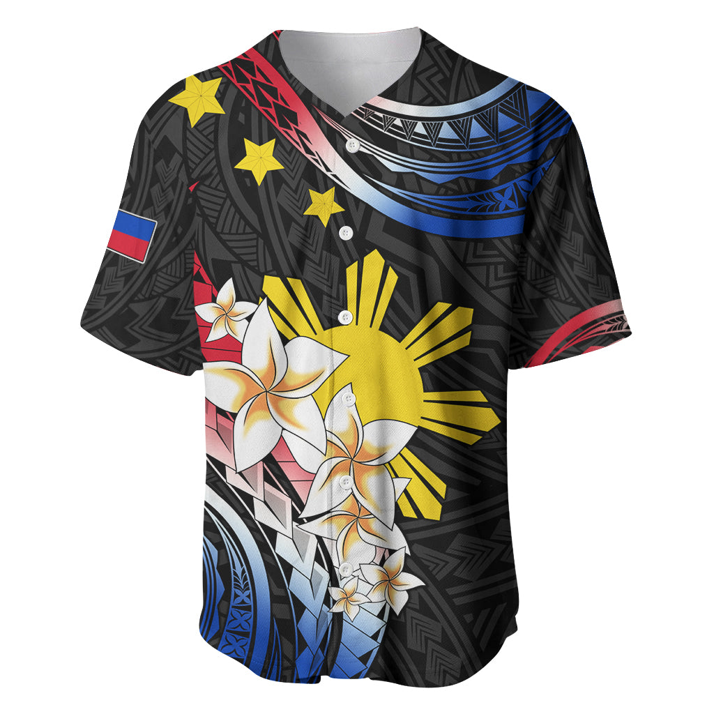 Personalised Philippines Tribal Baseball Jersey Mix Plumeria - Flag Colors LT7 Black - Polynesian Pride