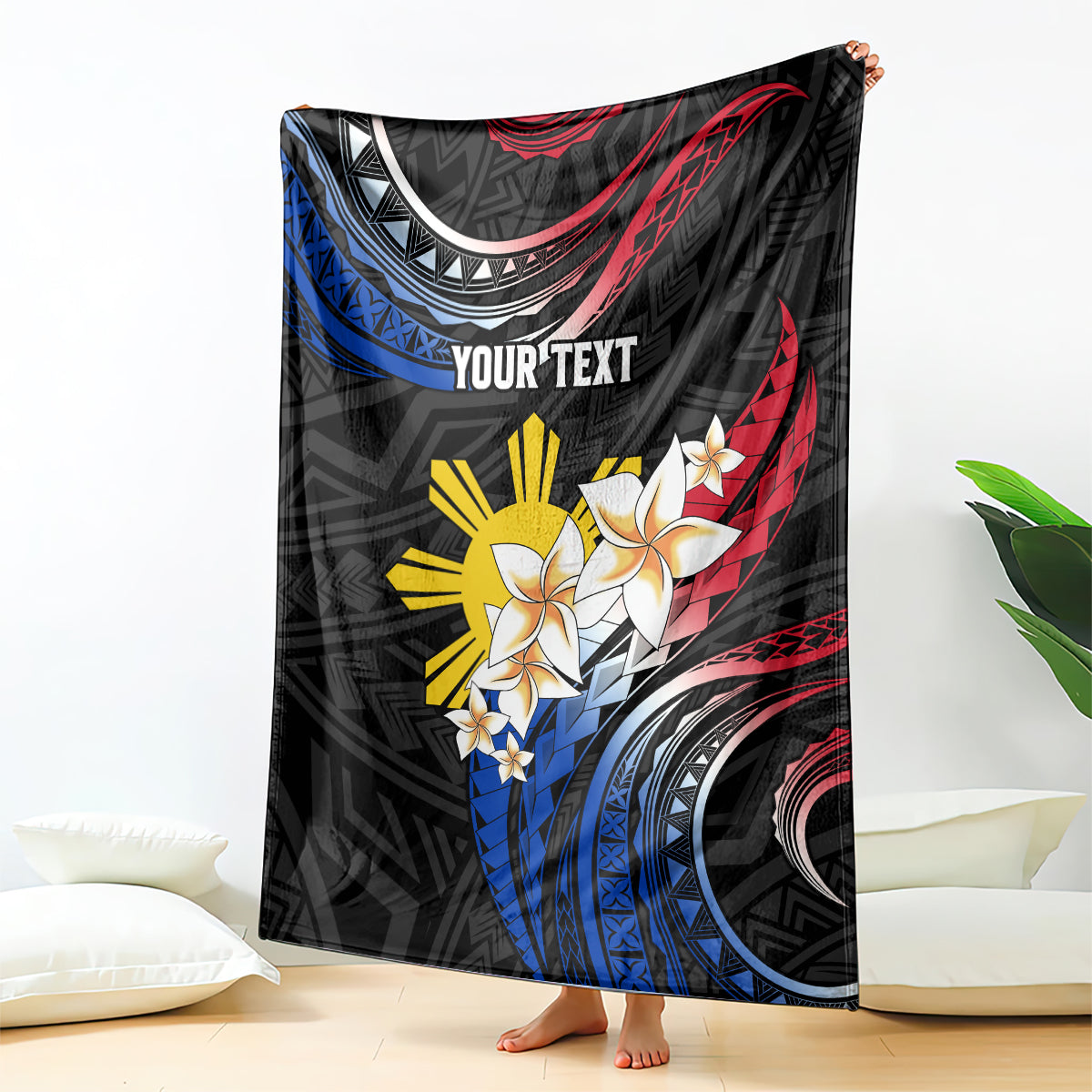 Personalised Philippines Tribal Blanket Mix Plumeria - Flag Colors LT7 Black - Polynesian Pride