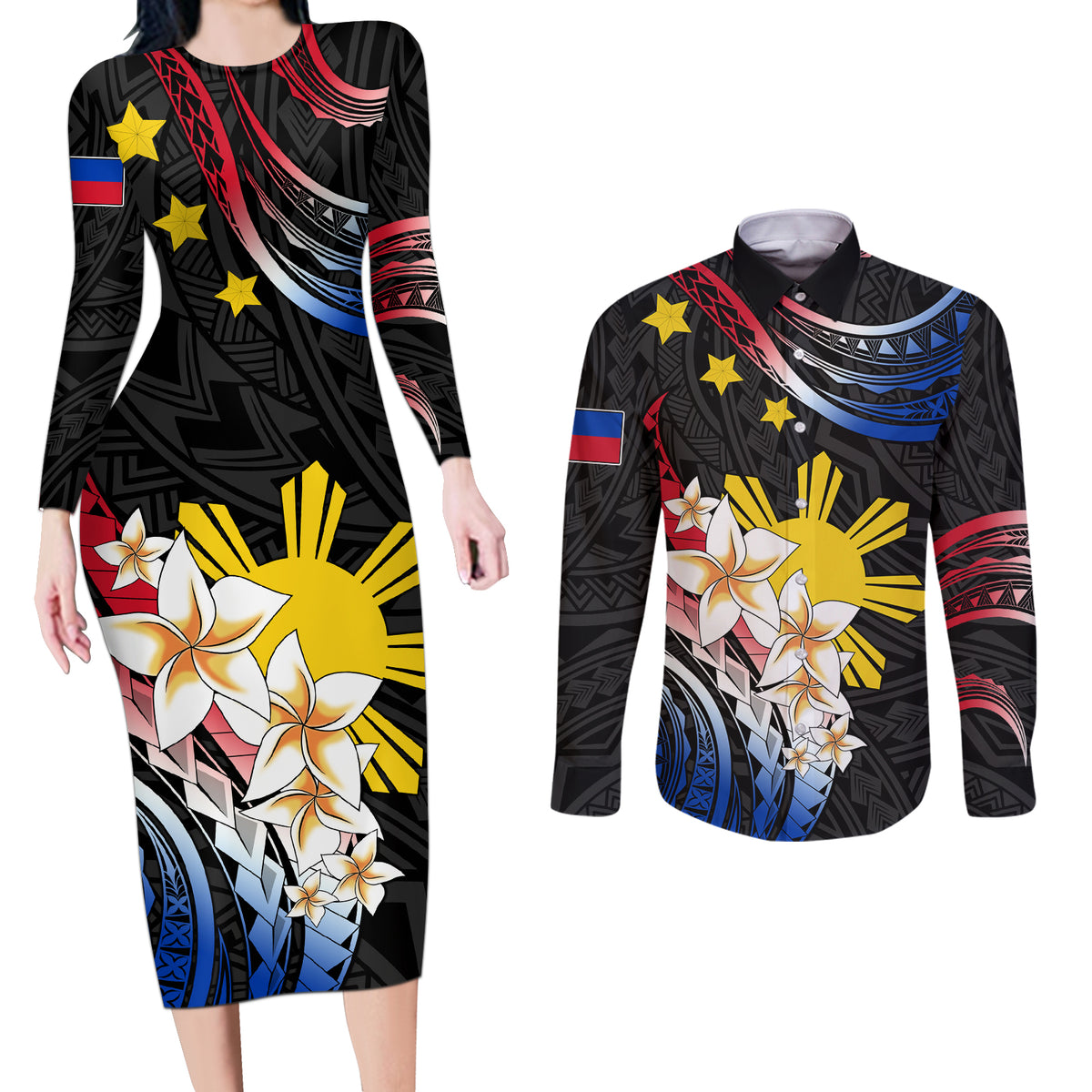 Personalised Philippines Tribal Couples Matching Long Sleeve Bodycon Dress and Long Sleeve Button Shirt Mix Plumeria - Flag Colors LT7 Black - Polynesian Pride