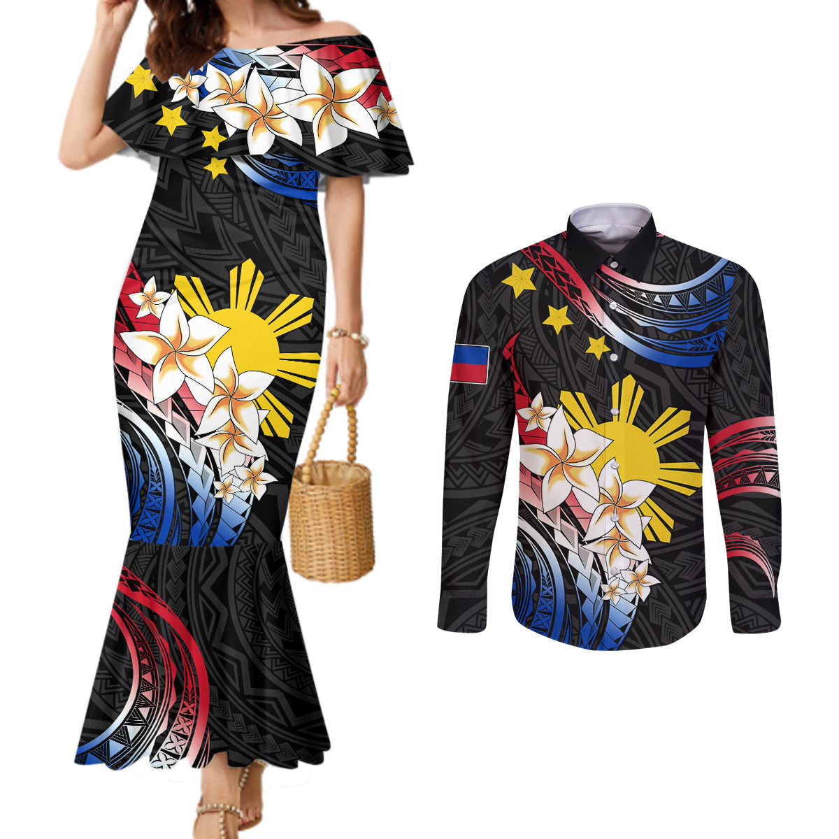 Personalised Philippines Tribal Couples Matching Mermaid Dress and Long Sleeve Button Shirt Mix Plumeria - Flag Colors LT7 Black - Polynesian Pride