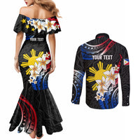 Personalised Philippines Tribal Couples Matching Mermaid Dress and Long Sleeve Button Shirt Mix Plumeria - Flag Colors LT7 - Polynesian Pride