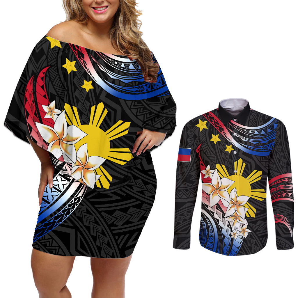 Personalised Philippines Tribal Couples Matching Off Shoulder Short Dress and Long Sleeve Button Shirt Mix Plumeria - Flag Colors LT7 Black - Polynesian Pride