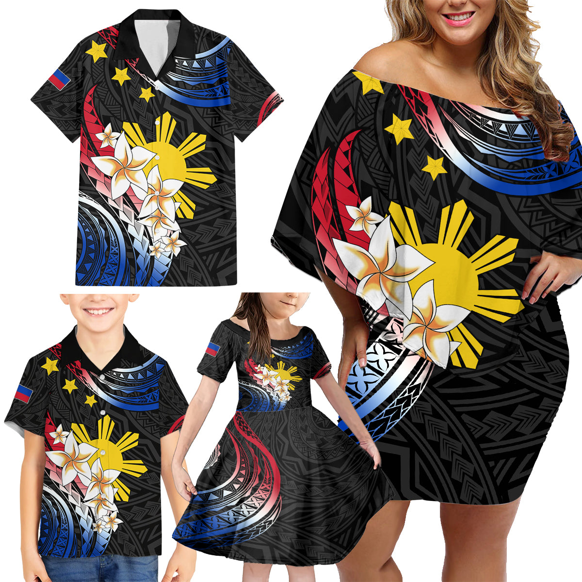 Personalised Philippines Tribal Family Matching Off Shoulder Short Dress and Hawaiian Shirt Mix Plumeria - Flag Colors LT7 - Polynesian Pride