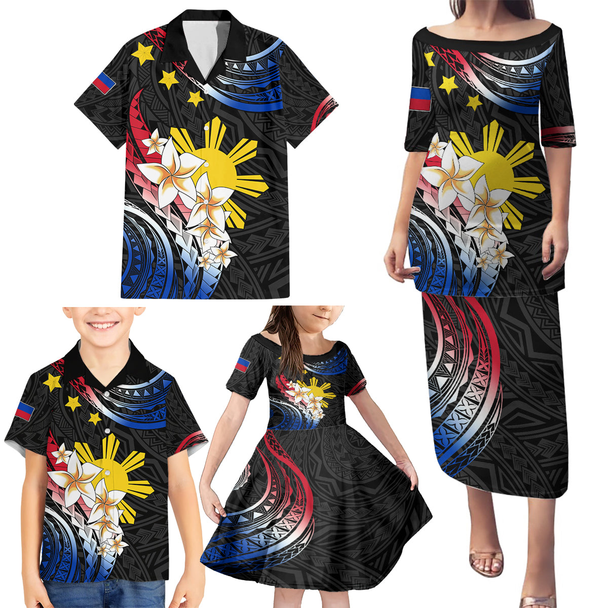 Personalised Philippines Tribal Family Matching Puletasi Dress and Hawaiian Shirt Mix Plumeria - Flag Colors LT7 - Polynesian Pride