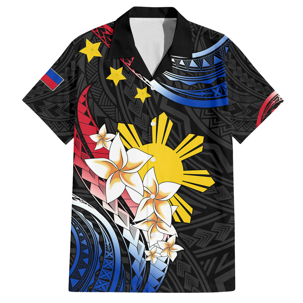 Personalised Philippines Tribal Family Matching Puletasi Dress and Hawaiian Shirt Mix Plumeria - Flag Colors LT7 Dad's Shirt - Short Sleeve Black - Polynesian Pride