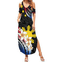 Personalised Philippines Tribal Family Matching Summer Maxi Dress and Hawaiian Shirt Mix Plumeria - Flag Colors LT7 Mom's Dress Black - Polynesian Pride
