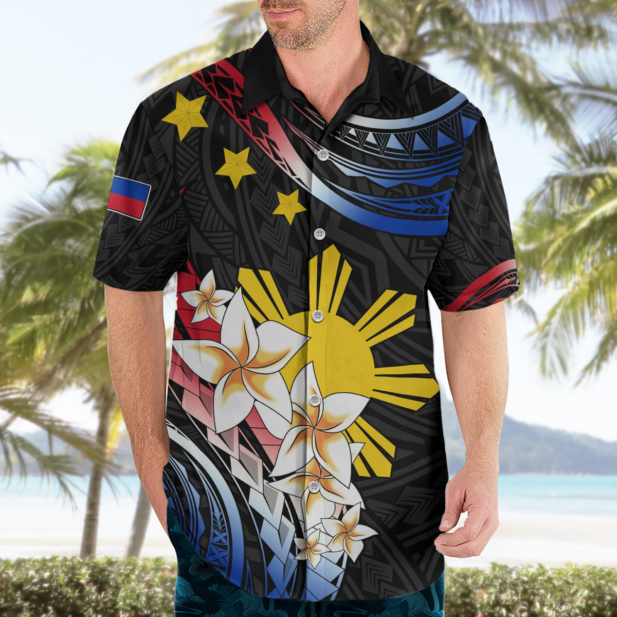Personalised Philippines Tribal Hawaiian Shirt Mix Plumeria - Flag Colors LT7 - Polynesian Pride
