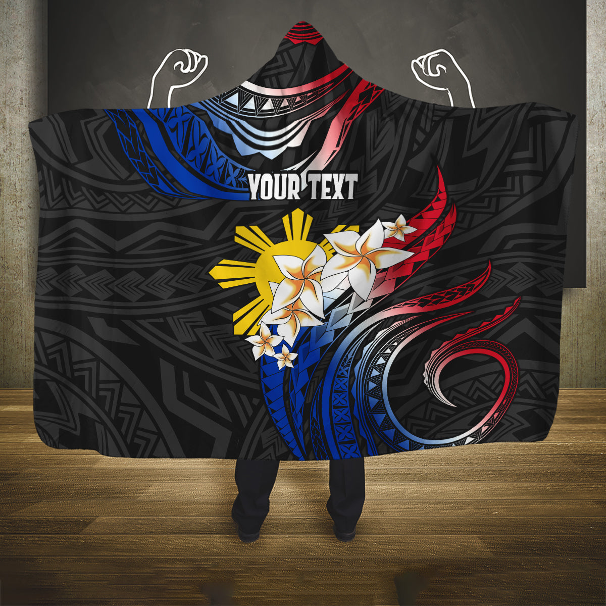 Personalised Philippines Tribal Hooded Blanket Mix Plumeria - Flag Colors LT7 One Size Black - Polynesian Pride