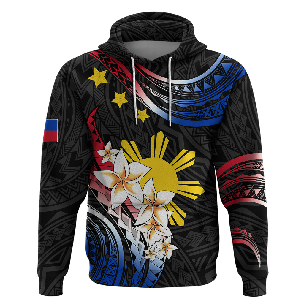 Personalised Philippines Tribal Hoodie Mix Plumeria - Flag Colors LT7 Black - Polynesian Pride