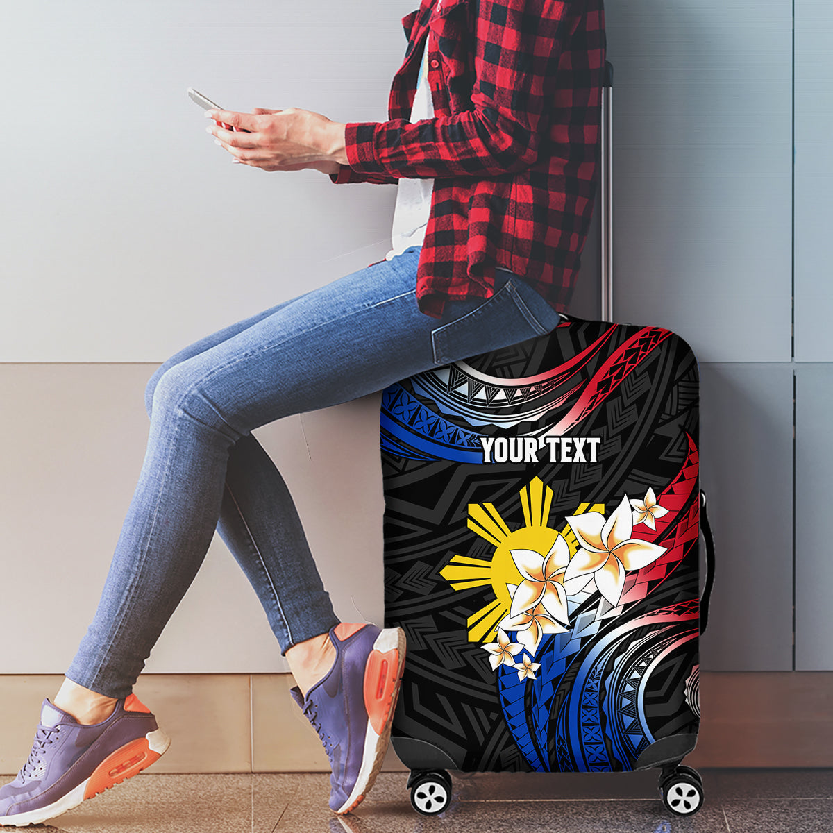Personalised Philippines Tribal Luggage Cover Mix Plumeria - Flag Colors LT7 - Polynesian Pride