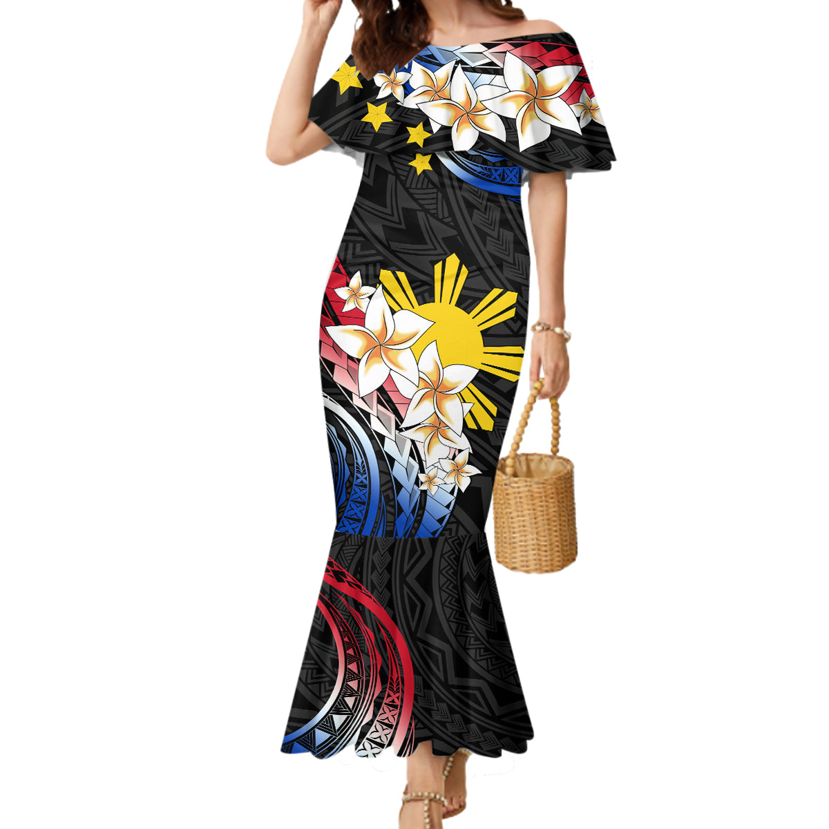 Personalised Philippines Tribal Mermaid Dress Mix Plumeria - Flag Colors LT7 Women Black - Polynesian Pride